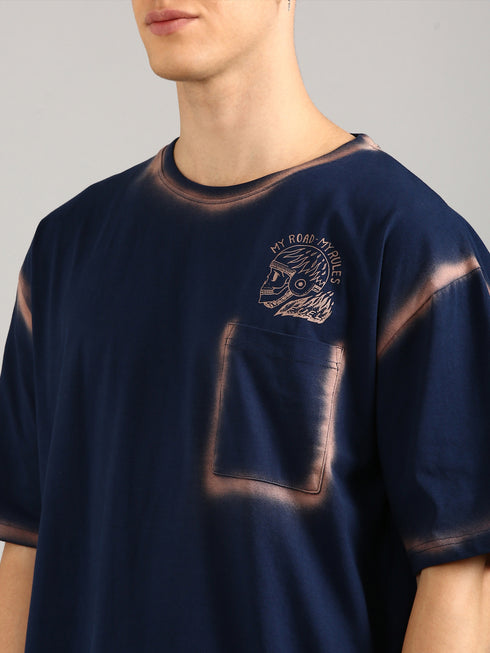 Navy Blue Oversized Spray Printed T-shirt
